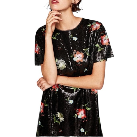 ZARA - NWOT Black Sequin Dress Multicolor Floral Embroidery Sz Xl - Picture 2 of 10